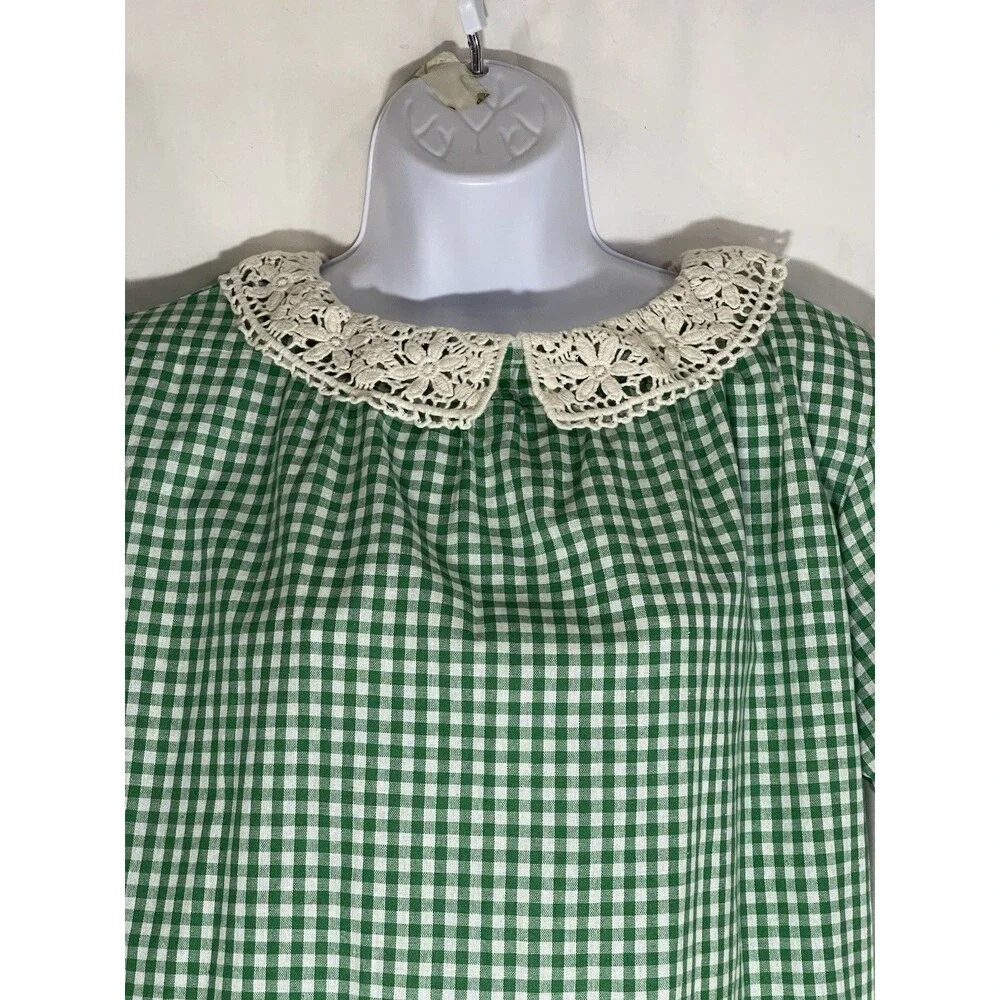 Vintage-Style Green Gingham Crochet Lace Collar House Dress - Size L/XL - Picture 4 of 16